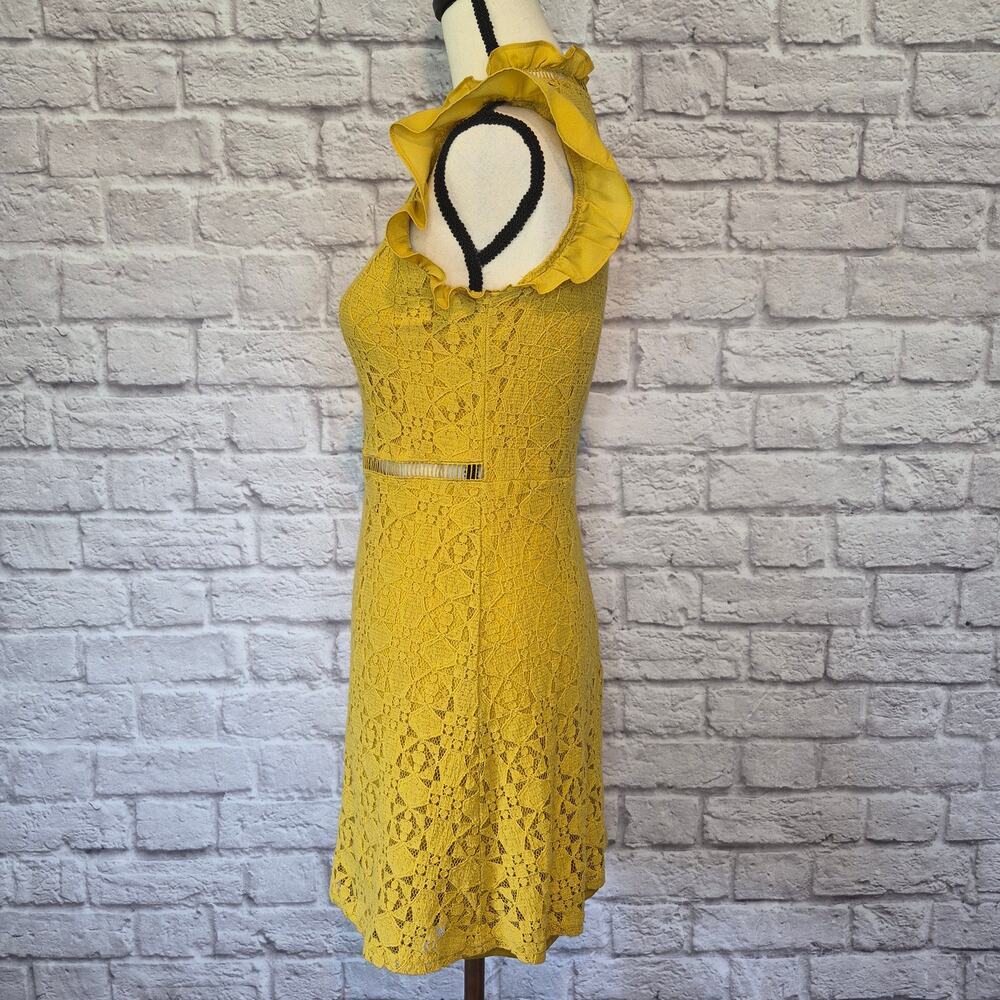 Altar'd State dress mustard yellow lace flutter sleeve high neck mini size S - Picture 5 of 9